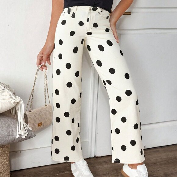 Khaki Casual Women's Color-Block Polka Dot Print Straight Leg Jeans - Picture 6 of 7